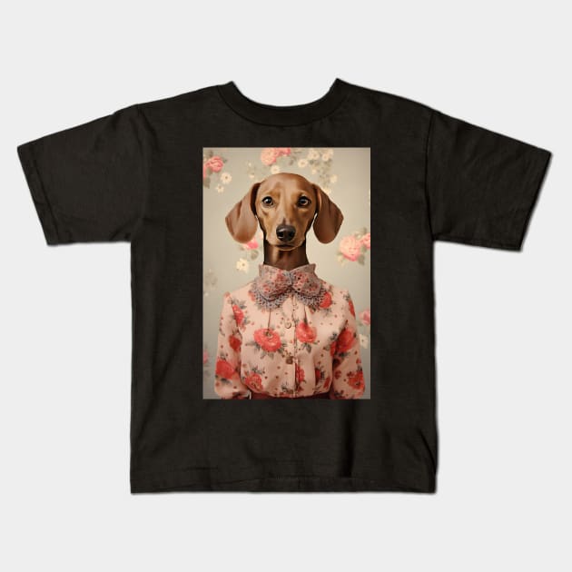 Cute Floral Dachshund Dog Portrait Vintage Art Kids T-Shirt by Art-Jiyuu